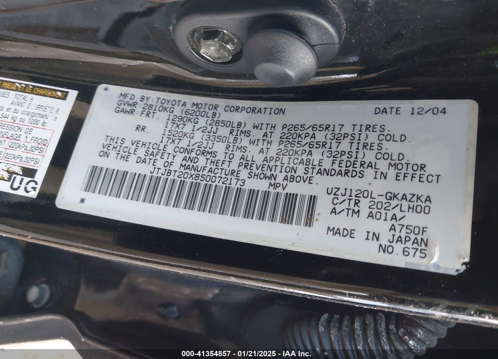2005 LEXUS GX 470 VIN: JTJBT20X850072173