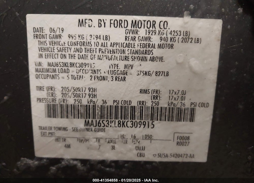 2019 FORD ECOSPORT TITANIUM VIN: MAJ6S3KL8KC309915