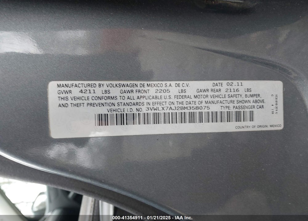2011 VOLKSWAGEN JETTA 2.5L SEL VIN: 3VWLX7AJ2BM358075