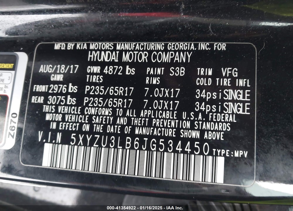 2018 HYUNDAI SANTA FE SPORT 2.4L VIN: 5XYZU3LB6JG534450