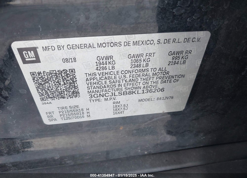 2019 CHEVROLET TRAX LT VIN: 3GNCJLSB8KL136206
