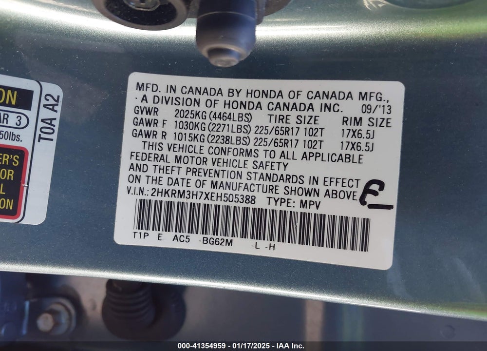 2014 HONDA CR-V VIN: 2HKRM3H7XEH505388
