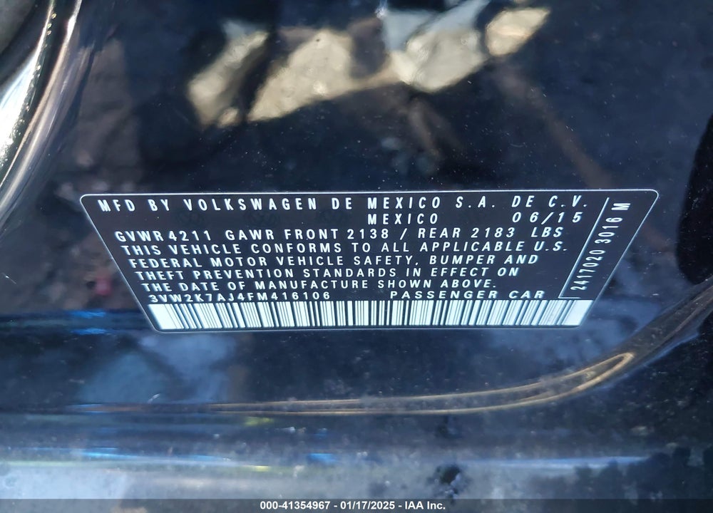 2015 VOLKSWAGEN JETTA VIN: 3VW2K7AJ4FM416106