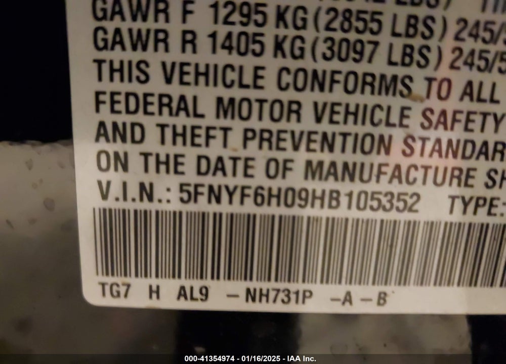 2017 HONDA PILOT ELITE VIN: 5FNYF6H09HB105352
