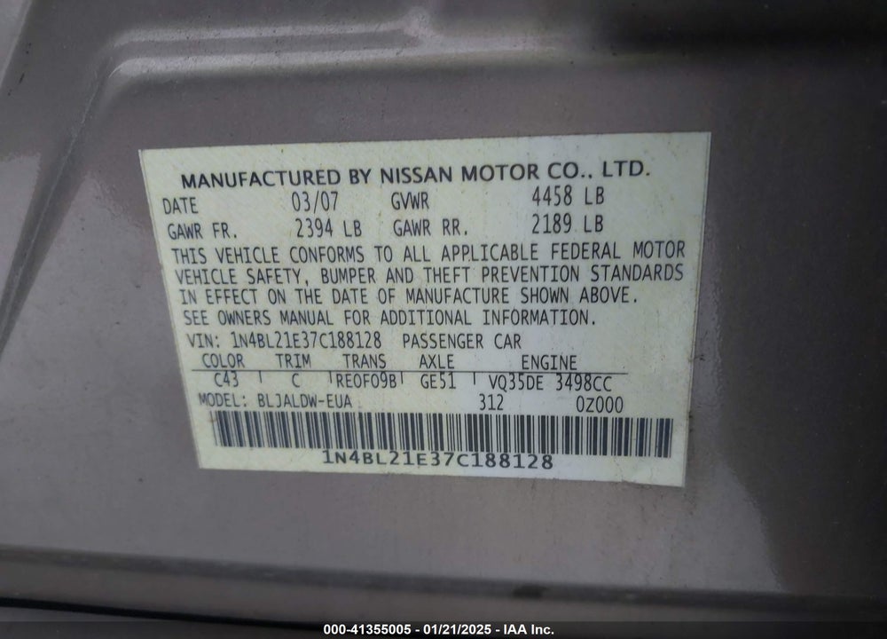 2007 NISSAN ALTIMA VIN: 1N4BL21E37C188128