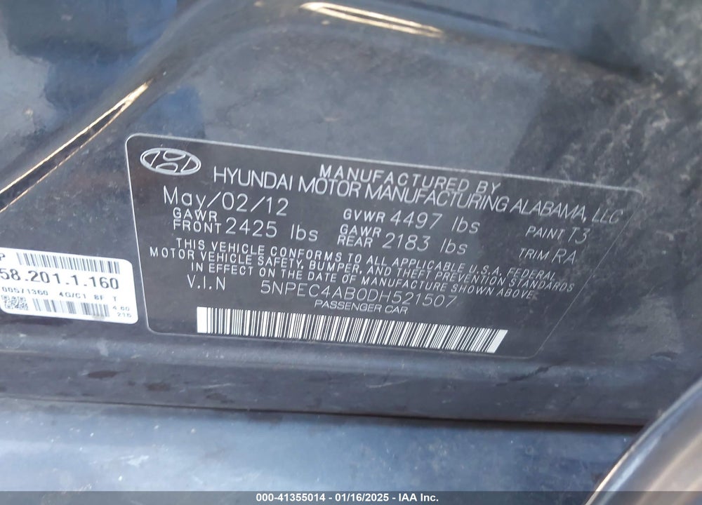 2013 HYUNDAI SONATA VIN: 5NPEC4AB0DH521507