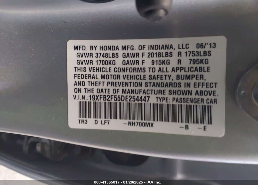 2013 HONDA CIVIC SDN VIN: 19XFB2F55DE254447