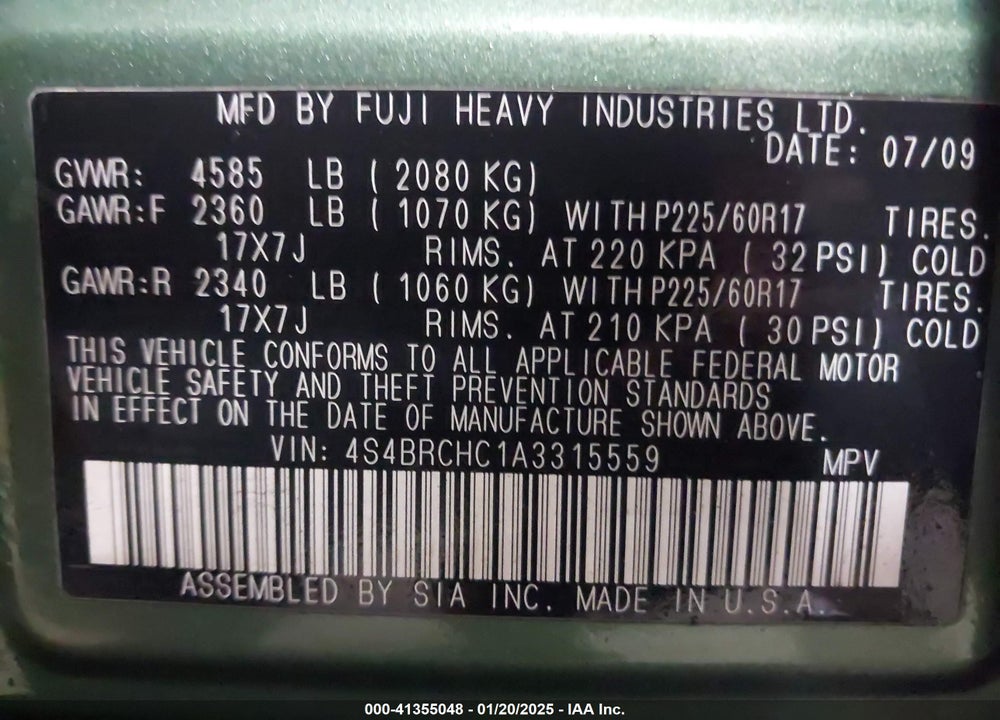 2010 SUBARU OUTBACK 2.5I PREMIUM VIN: 4S4BRCHC1A3315559
