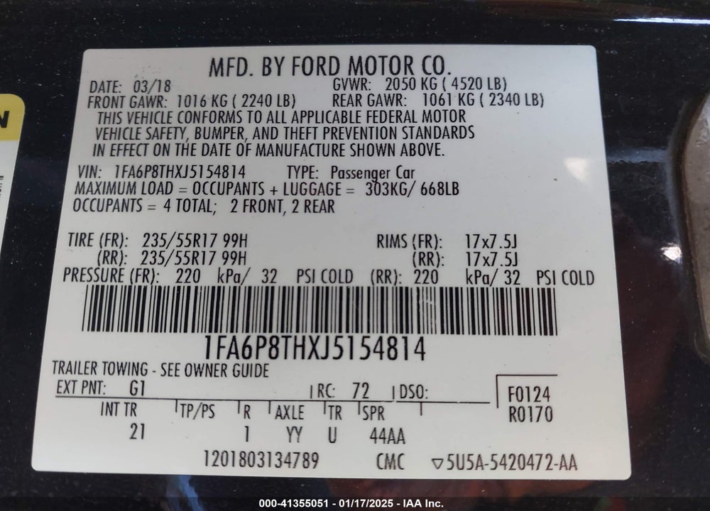 2018 FORD MUSTANG ECOBOOST VIN: 1FA6P8THXJ5154814
