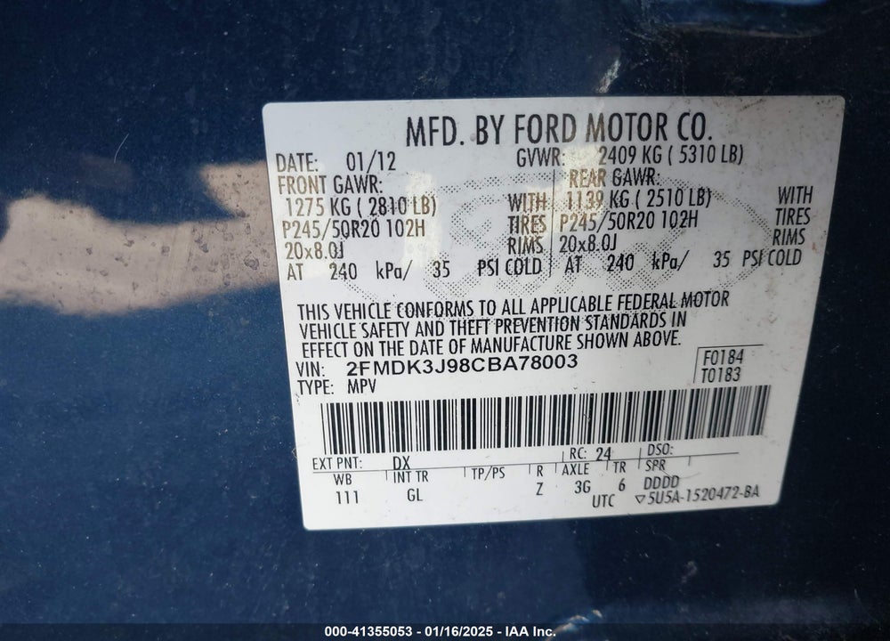 2012 FORD EDGE SEL VIN: 2FMDK3J98CBA78003