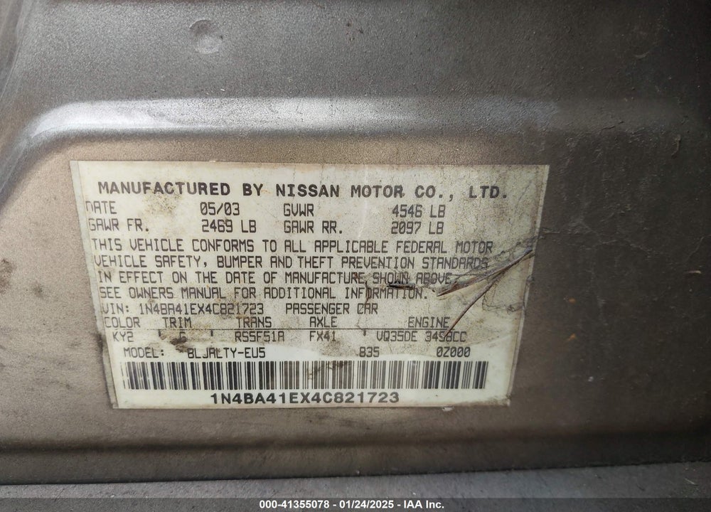 2004 NISSAN MAXIMA 3.5 SE VIN: 1N4BA41EX4C821723