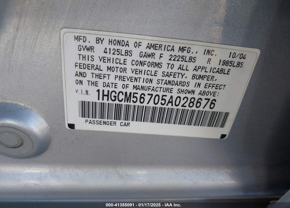 2005 HONDA ACCORD 2.4 EX VIN: 1HGCM56705A028676