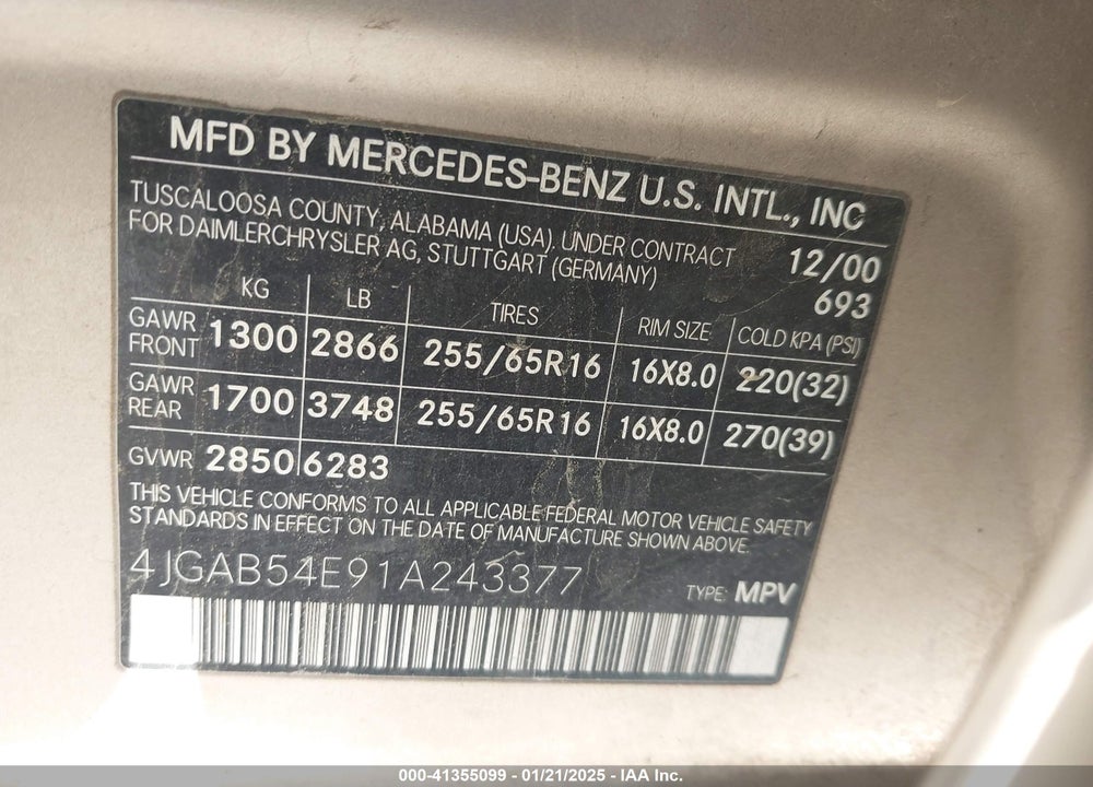 2001 MERCEDES-BENZ ML 320 VIN: 4JGAB54E91A243377