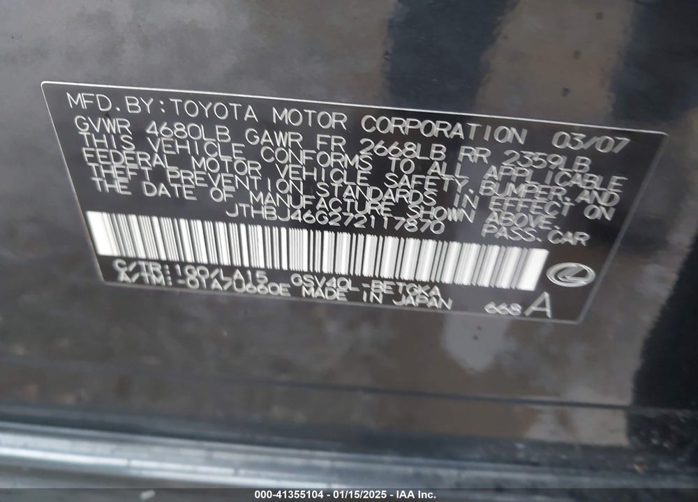 2007 LEXUS ES 350 VIN: JTHBJ46G272117870
