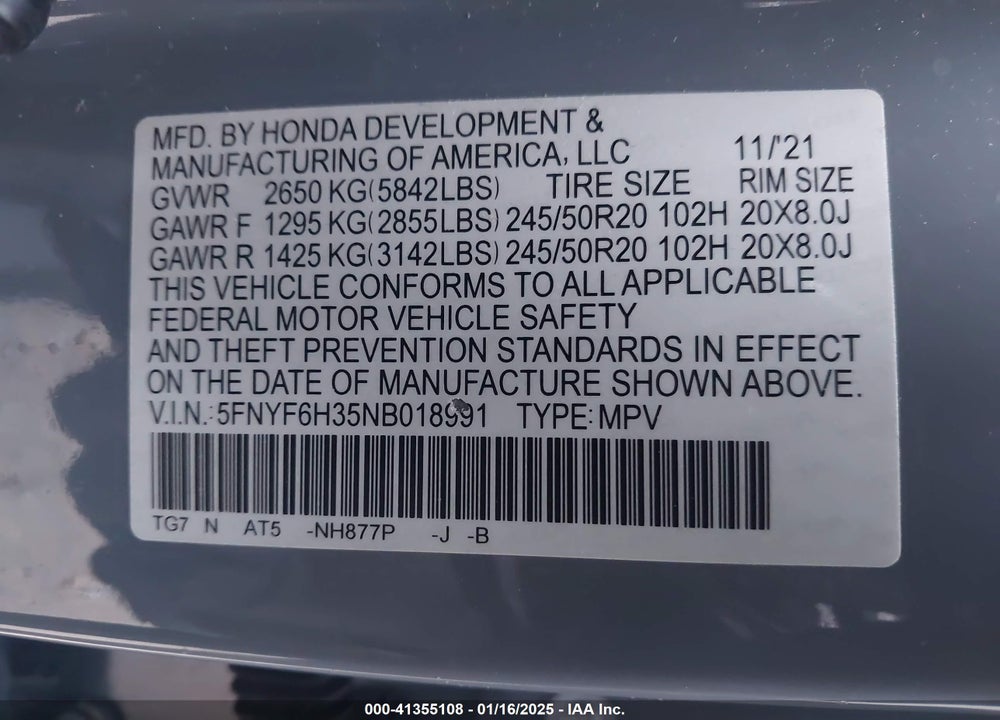 2022 HONDA PILOT AWD SPORT VIN: 5FNYF6H35NB018991