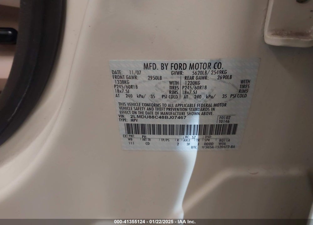 2008 LINCOLN MKX VIN: 2LMDU88C48BJ07467