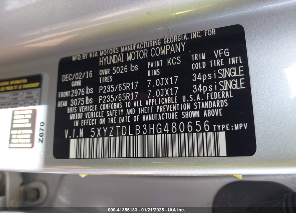 2017 HYUNDAI SANTA FE SPORT 2.4L VIN: 5XYZTDLB3HG480656