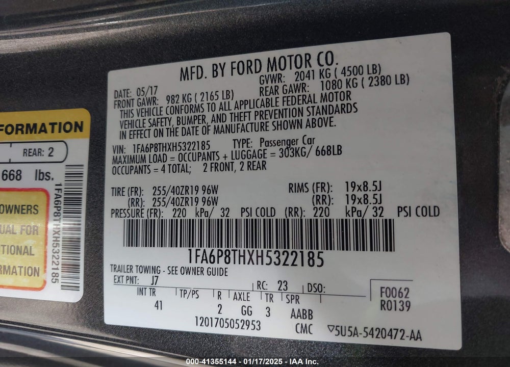 2017 FORD MUSTANG VIN: 1FA6P8THXH5322185