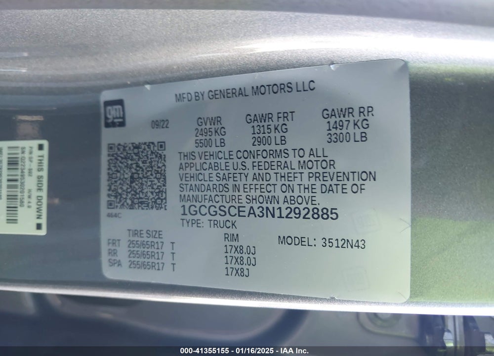 2022 CHEVROLET COLORADO VIN: 1GCGSCEA3N1292885