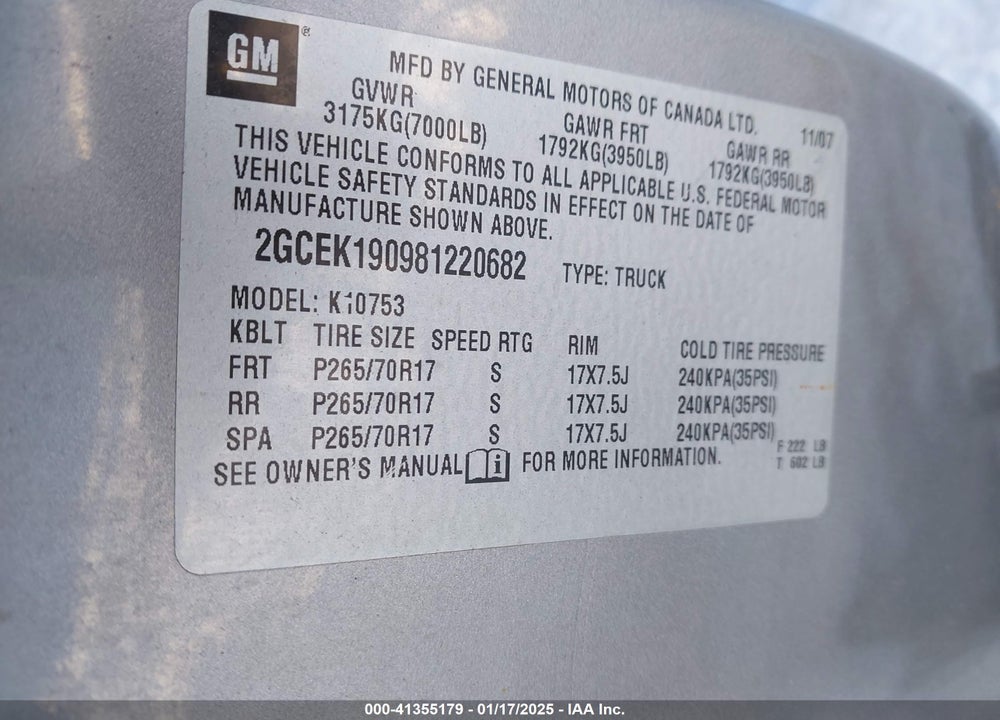 2008 CHEVROLET SILVERADO VIN: 2GCEK190981220682