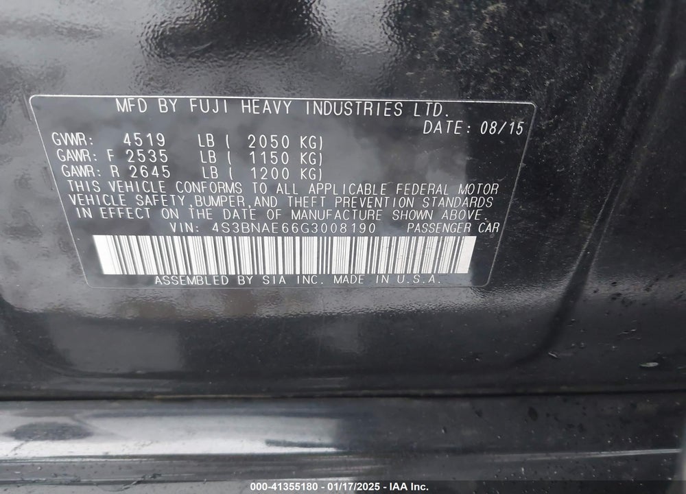2016 SUBARU LEGACY 2.5I PREMIUM VIN: 4S3BNAE66G3008190