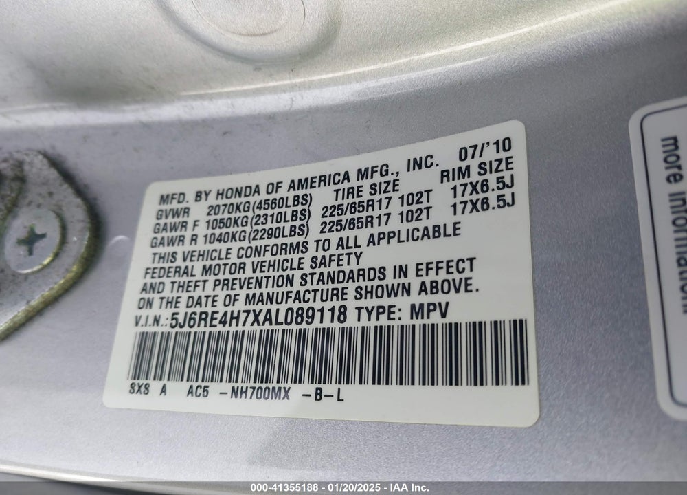 2010 HONDA CR-V EX-L VIN: 5J6RE4H7XAL089118