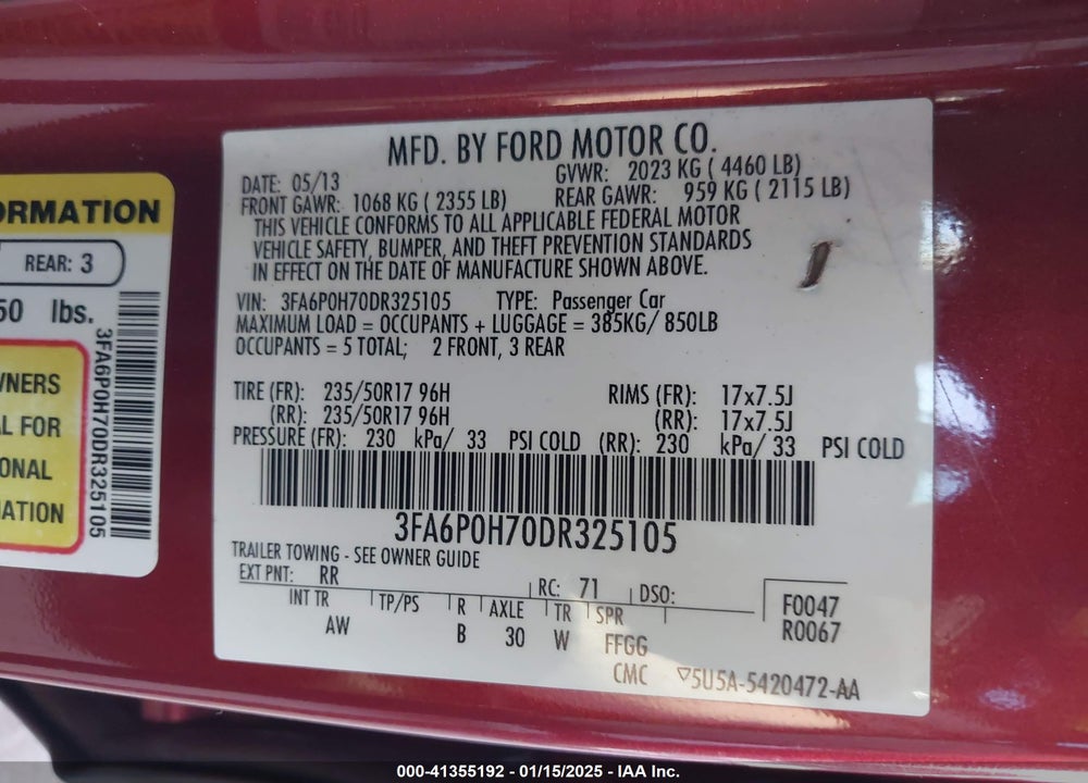 2013 FORD FUSION SE VIN: 3FA6P0H70DR325105
