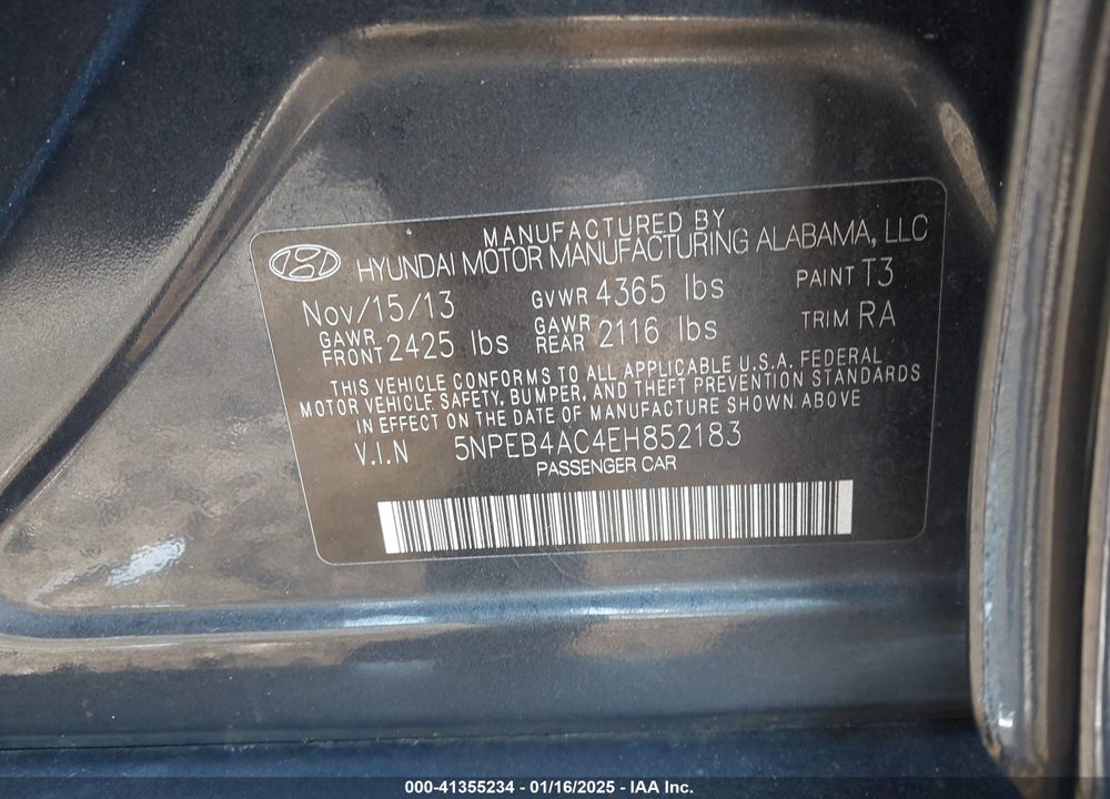 2014 HYUNDAI SONATA VIN: 5NPEB4AC4EH852183