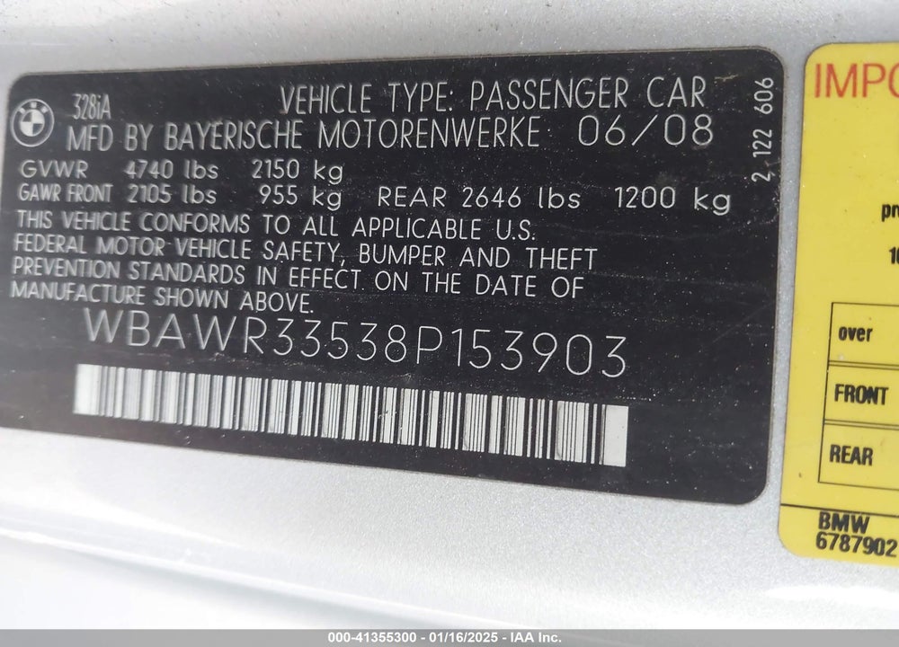 2008 BMW 328 VIN: WBAWR33538P153903