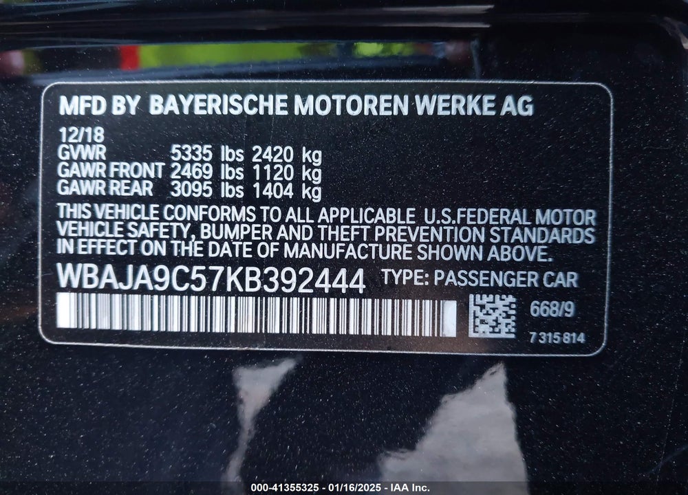 2019 BMW 530E IPERFORMANCE VIN: WBAJA9C57KB392444