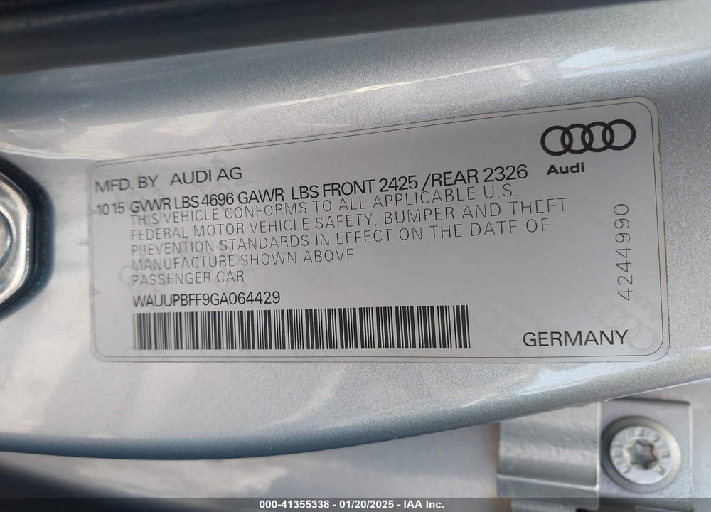 2016 AUDI A3 E-TRON VIN: WAUUPBFF9GA064429
