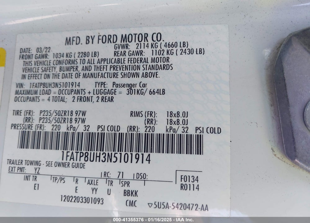 2022 FORD MUSTANG ECOBOOST PREMIUM VIN: 1FATP8UH3N5101914