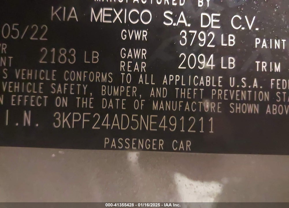 2022 KIA FORTE VIN: 3KPF24AD5NE491211