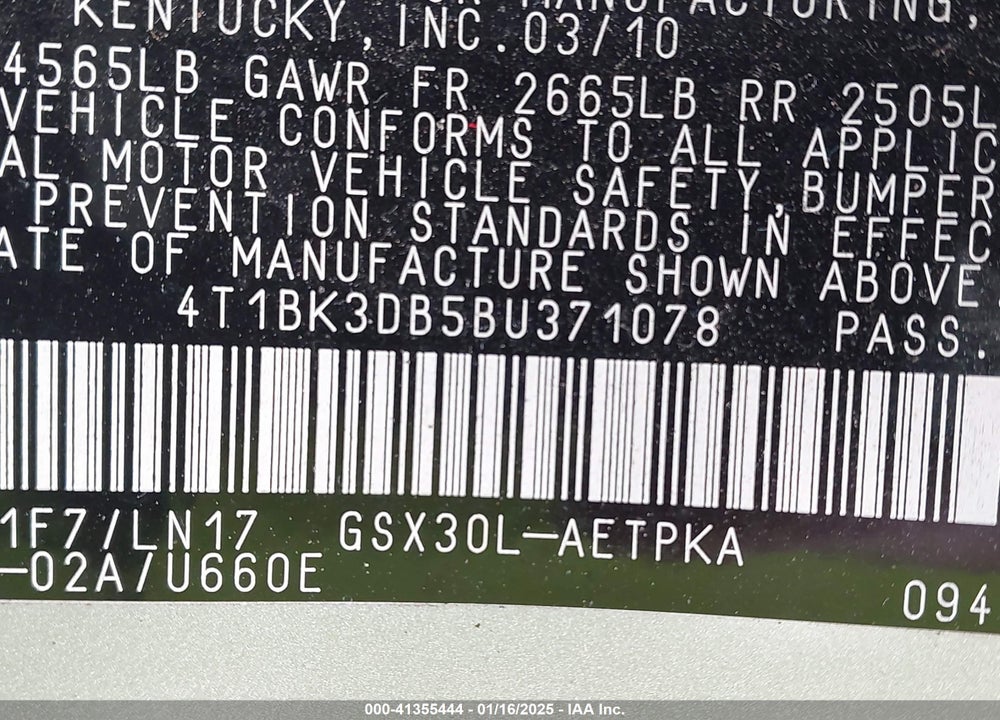 2011 TOYOTA AVALON VIN: 4T1BK3DB5BU371078