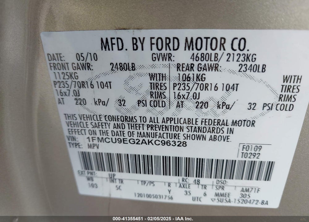 2010 FORD ESCAPE LIMITED VIN: 1FMCU9EG2AKC96328