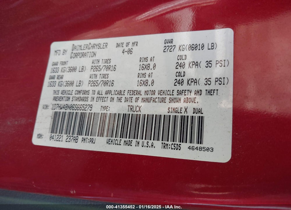 2006 DODGE DAKOTA SLT VIN: 1D7HW48N06S665279