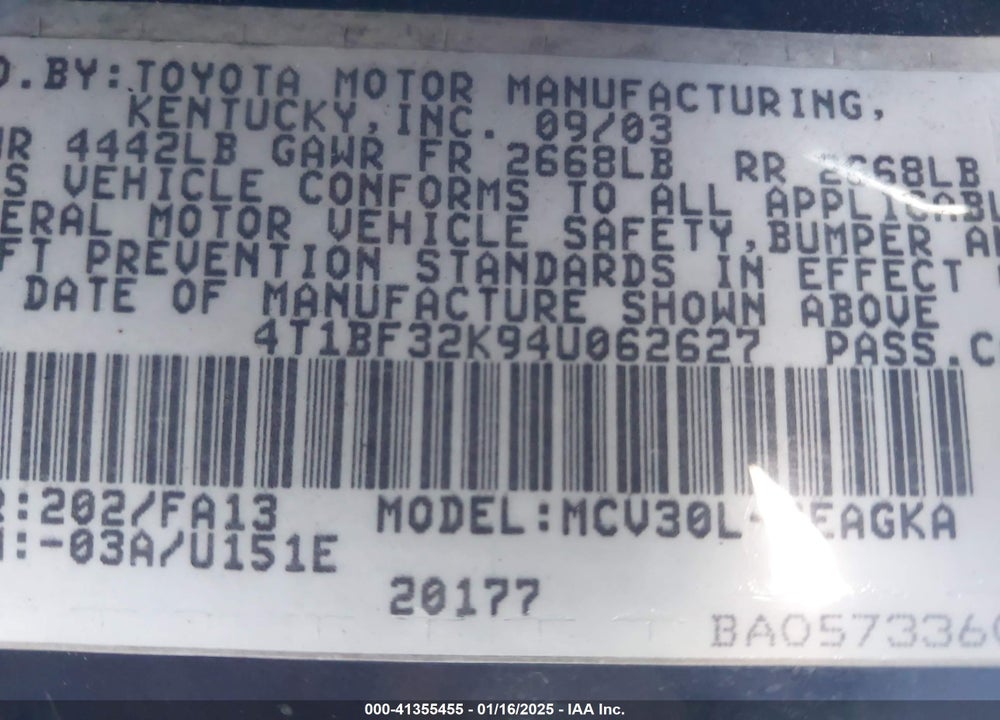 2004 TOYOTA CAMRY XLE V6 VIN: 4T1BF32K94U062627