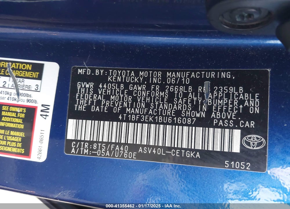 2011 TOYOTA CAMRY XLE VIN: 4T1BF3EK1BU616087