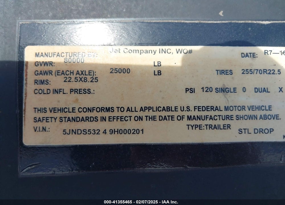 2009 JET COMPANY INC TRAILER VIN: 5JNDS53249H000201