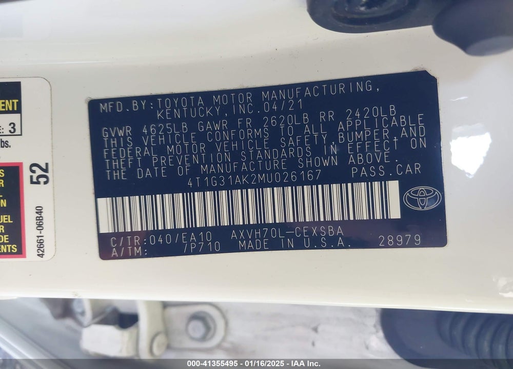 2021 TOYOTA CAMRY VIN: 4T1G31AK2MU026167