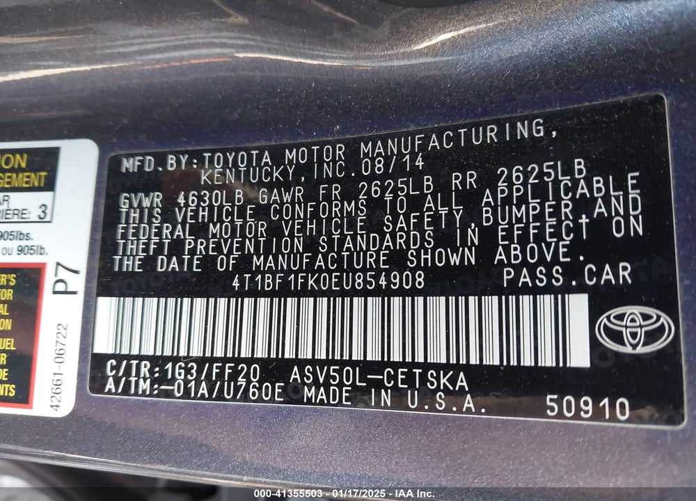2014 TOYOTA CAMRY VIN: 4T1BF1FK0EU854908