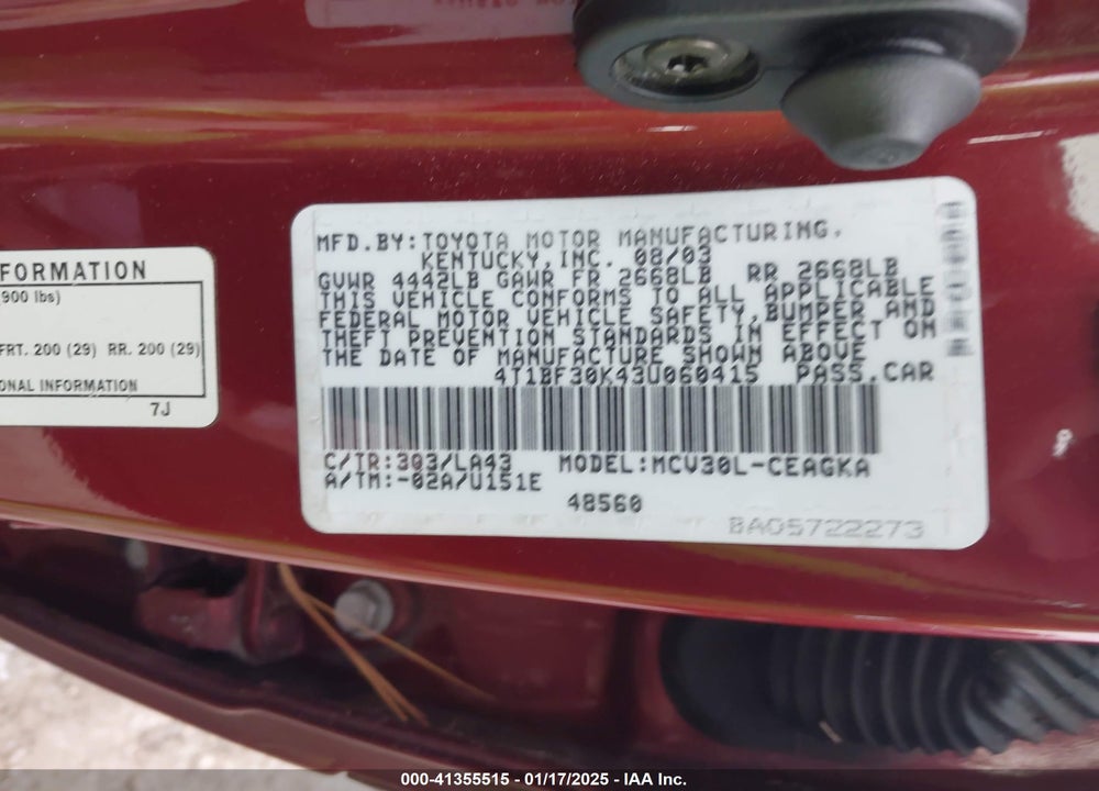 2003 TOYOTA CAMRY XLE V6 VIN: 4T1BF30K43U060415