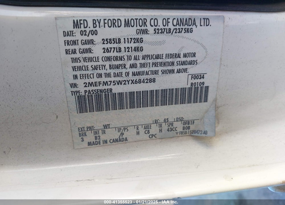 2000 MERCURY GRAND MARQUIS LS VIN: 2MEFM75W2YX684288
