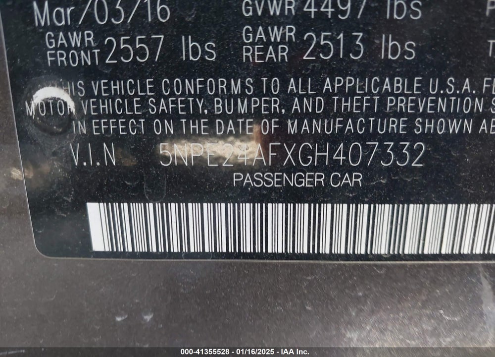 2016 HYUNDAI SONATA VIN: 5NPE24AFXGH407332