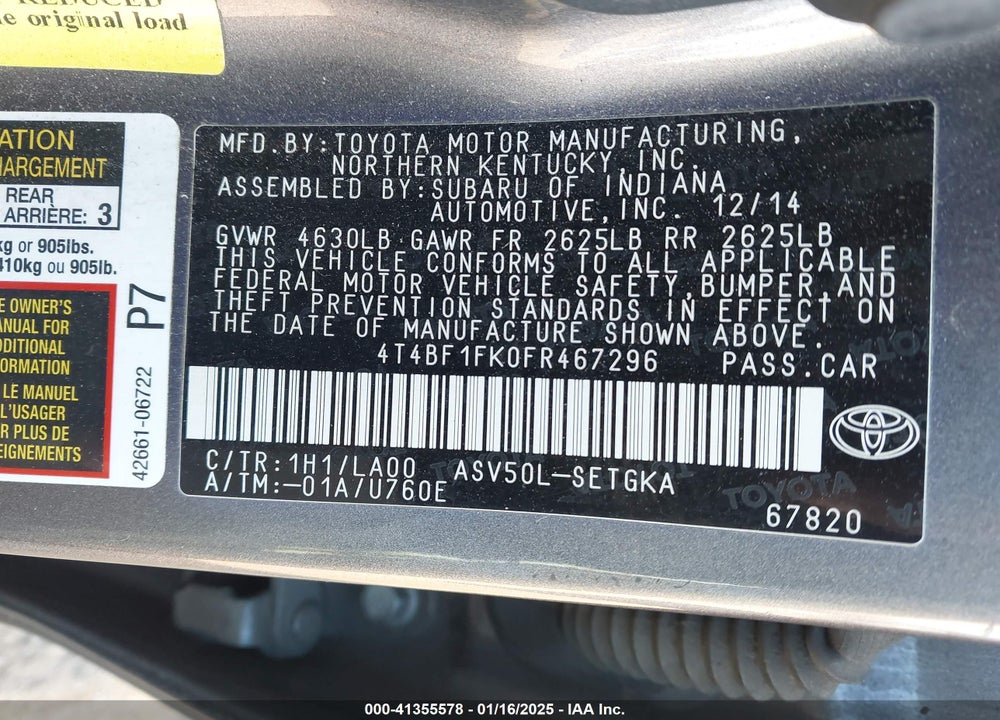 2015 TOYOTA CAMRY XLE VIN: 4T4BF1FK0FR467296