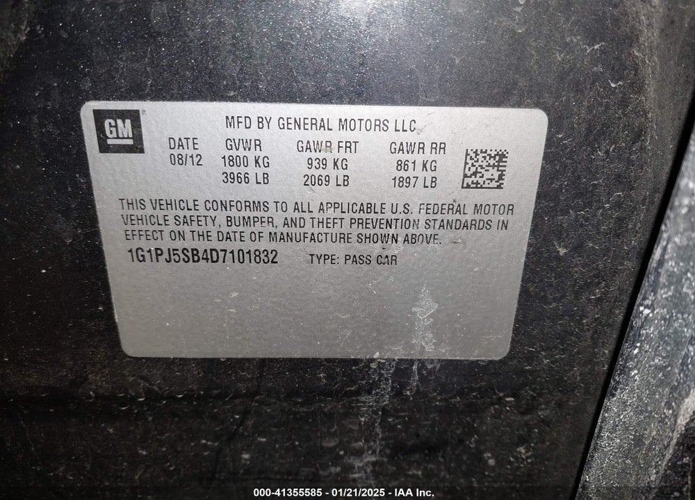 2013 CHEVROLET CRUZE VIN: 1G1PJ5SB4D7101832