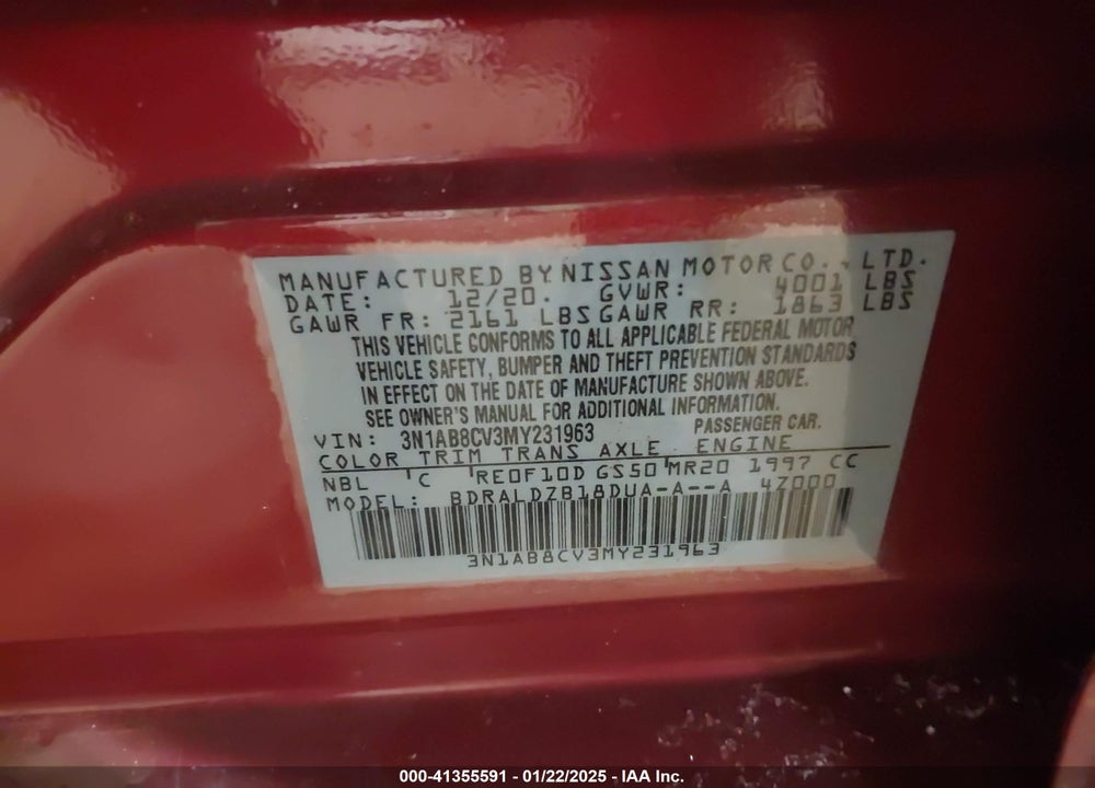 2021 NISSAN SENTRA VIN: 3N1AB8CV3MY231963