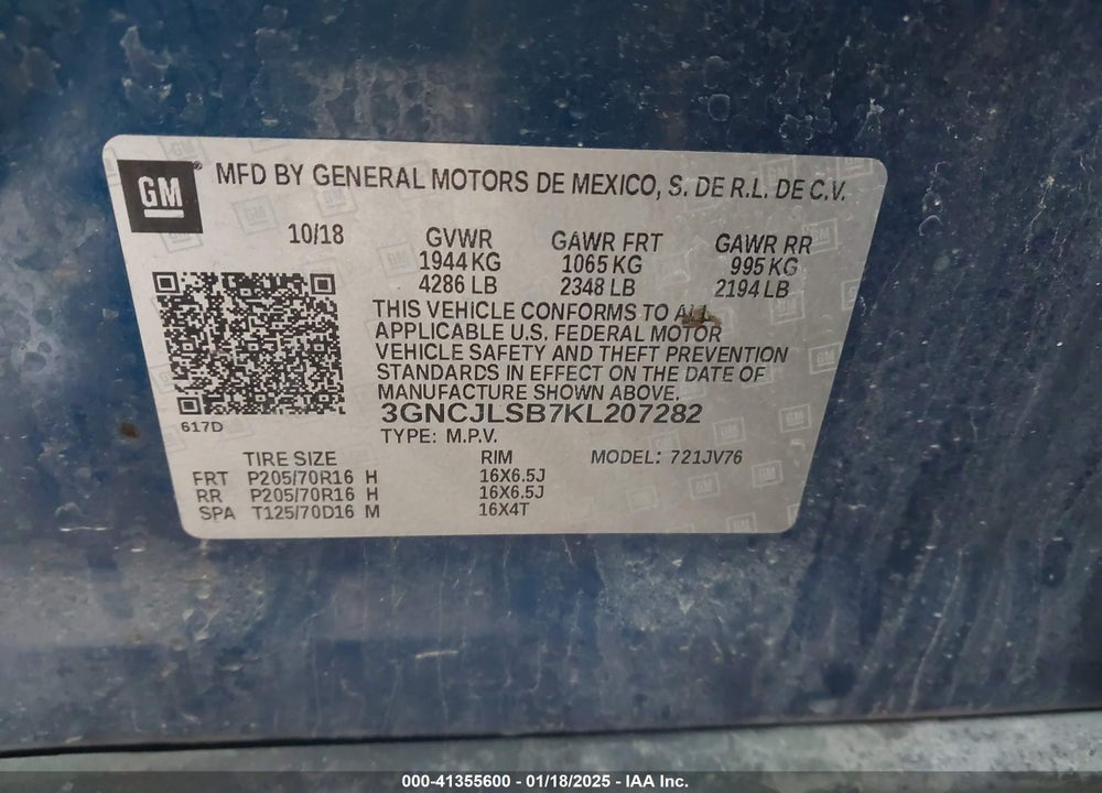 2019 CHEVROLET TRAX VIN: 3GNCJLSB7KL207282