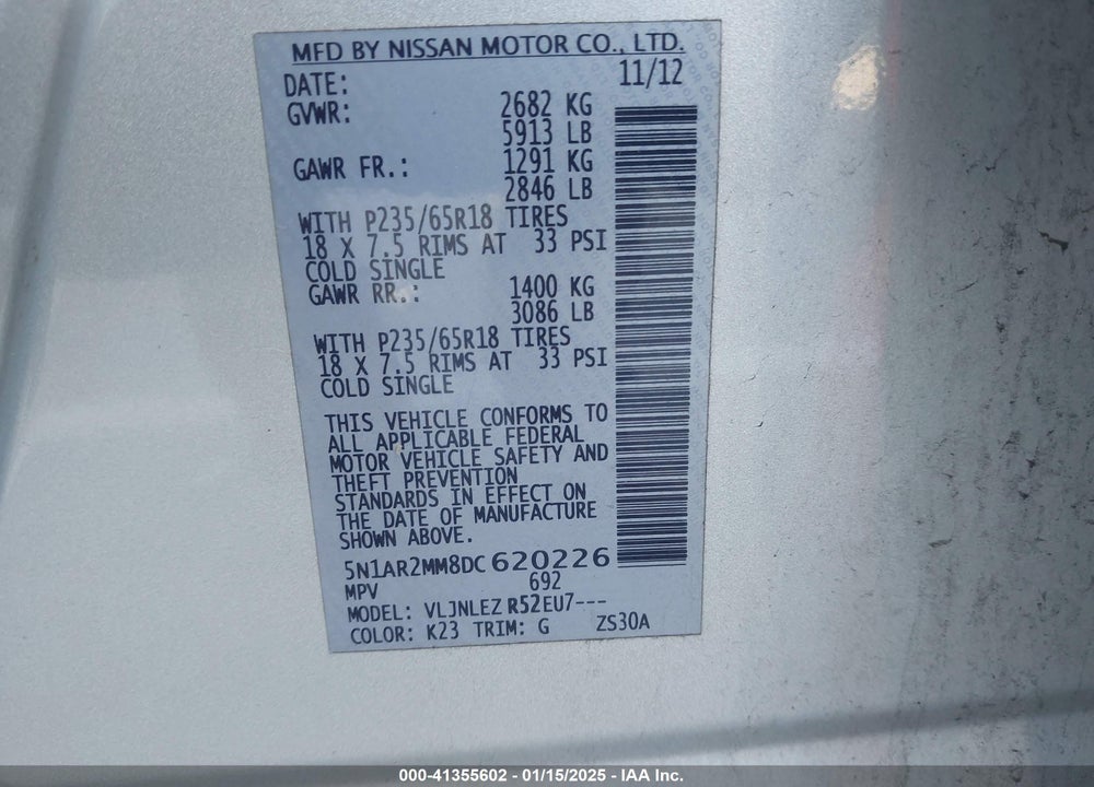 2013 NISSAN PATHFINDER SV VIN: 5N1AR2MM8DC620226