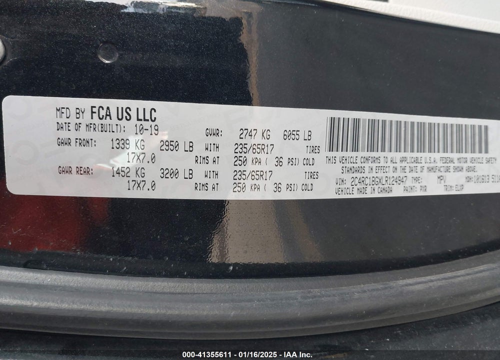 2020 CHRYSLER PACIFICA VIN: 2C4RC1BGXLR124947